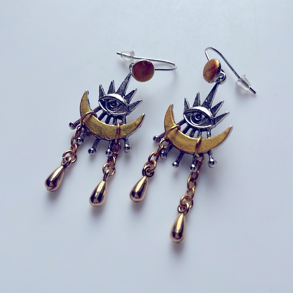Crying Eye Moon Gold Tear OOAK dangle earrings Silver 2+ 20% off 3+ ship free